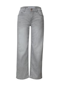 Jeans in denim grigio chiaro con vita alta, gamba dritta e ampia, bottone frontale, cerniera e tasche su entrambi i lati.