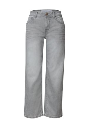 Jeans en denim gris clair avec une taille haute, jambes droites et larges, bouton avant, fermeture éclair et poches des deux côtés.