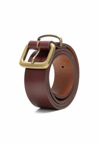 Brązowy skórzany pasek o gładkiej powierzchni, z mosiężną klamrą. Design jest prosty, z zaokrąglonym kształtem i pojedynczym ząbkiem.