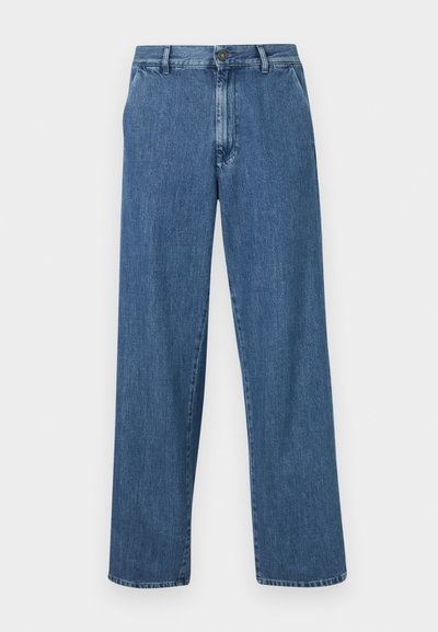 Wide-leg blue denim jeans featuring a button closure, front pockets, and a classic straight shape with a faded finish.