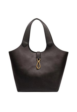 Borsa tote in pelle nera con manici larghi e chiusura con fermaglio dorato al centro davanti.