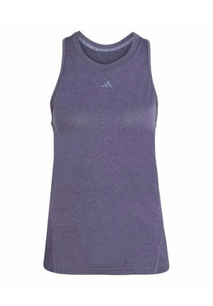 Purple sleeveless athletic tank top with crew neck and subtle logo at center chest.