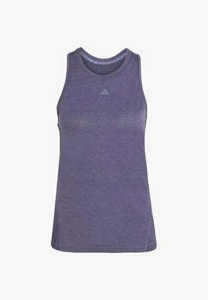 Purple sleeveless athletic tank top with crew neck and subtle logo at center chest.