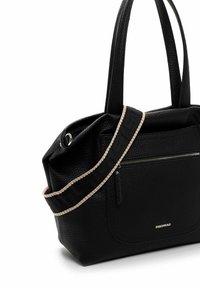 Black textured tote bag with dual handles, featuring a zippered front pocket and a strap with light-colored trim.