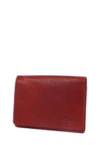 Red leather wallet with a textured finish, featuring a flap closure and embossed logo. Rectangular design with clean lines and minimal hardware.