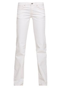 Vaqueros blancos de mezclilla con corte slim, que presentan un diseño clásico de cinco bolsillos y cierre con botón metálico. Textura lisa y color neutro.