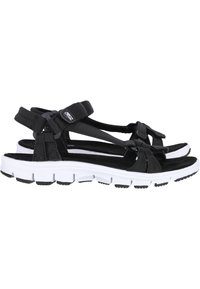 Black fabric sandals with adjustable straps, a knotted design, and a thick white and black sole for enhanced cushioning and traction.