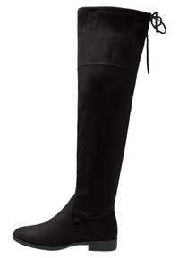 Black over-the-knee boots in soft suede with a flat sole. Features a fitted shaft and a decorative lace at the top for adjustment.