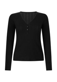 Zwarte lange mouwen top met een V-hals, voorzien van een gestructureerd patroon bij de hals en drie knopen in het midden vooraan. Zacht materiaal.
