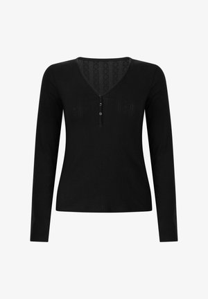 Zwarte lange mouwen top met een V-hals, voorzien van een gestructureerd patroon bij de hals en drie knopen in het midden vooraan. Zacht materiaal.