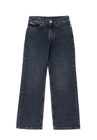 Jeans in denim neri a gamba larga con chiusura frontale a bottoni e zip, cinque tasche e passanti per cintura.