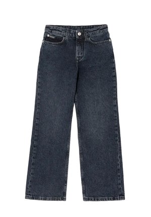 Jean en denim noir à jambes larges avec fermeture à boutons et zip à l'avant, cinq poches et passants de ceinture.