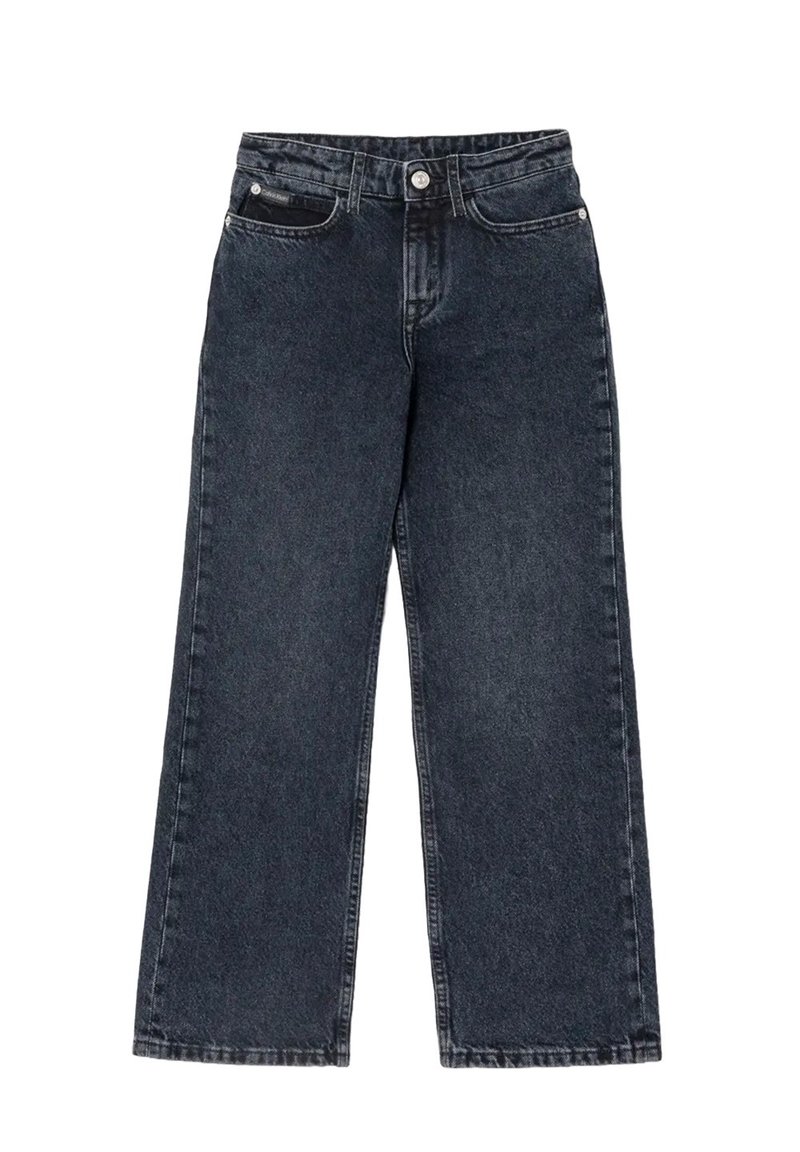 Jeans in denim neri a gamba larga con chiusura frontale a bottoni e zip, cinque tasche e passanti per cintura.