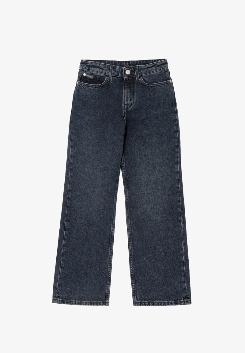 Jeans in denim neri a gamba larga con chiusura frontale a bottoni e zip, cinque tasche e passanti per cintura.