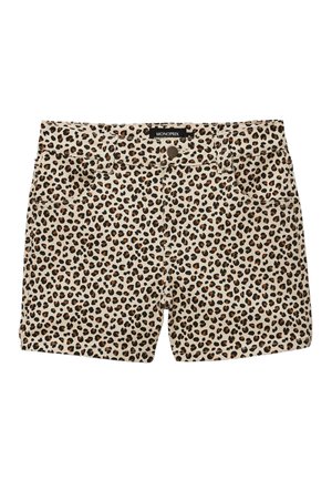 Shorts pour femmes imprimés léopard avec poches avant, passants pour ceinture et fermeture par bouton, étiquetés Monoprix.