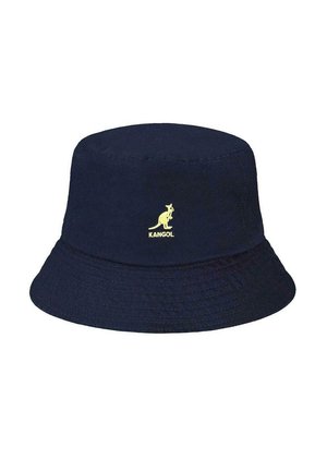Chapeau seau bleu marine en coton, avec un logo de kangourou jaune sur le devant et une texture côtelée sur la bordure.
