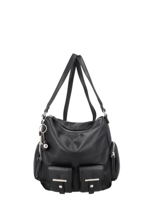 Borsa a tracolla in pelle nera con due tasche frontali, dettagli in argento e chiusura superiore con cerniera. Dotata di due tracolle regolabili.