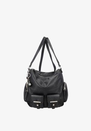 Borsa a tracolla in pelle nera con due tasche frontali, dettagli in argento e chiusura superiore con cerniera. Dotata di due tracolle regolabili.