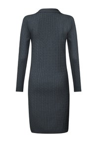 Abito a maglia grigia scuro con maniche lunghe e colletto. Presenta un motivo testurizzato e una silhouette aderente.