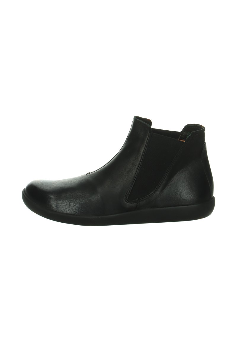 Black ankle boots made from leather with elastic side panels and rounded toe, featuring a smooth surface and flat rubber sole.