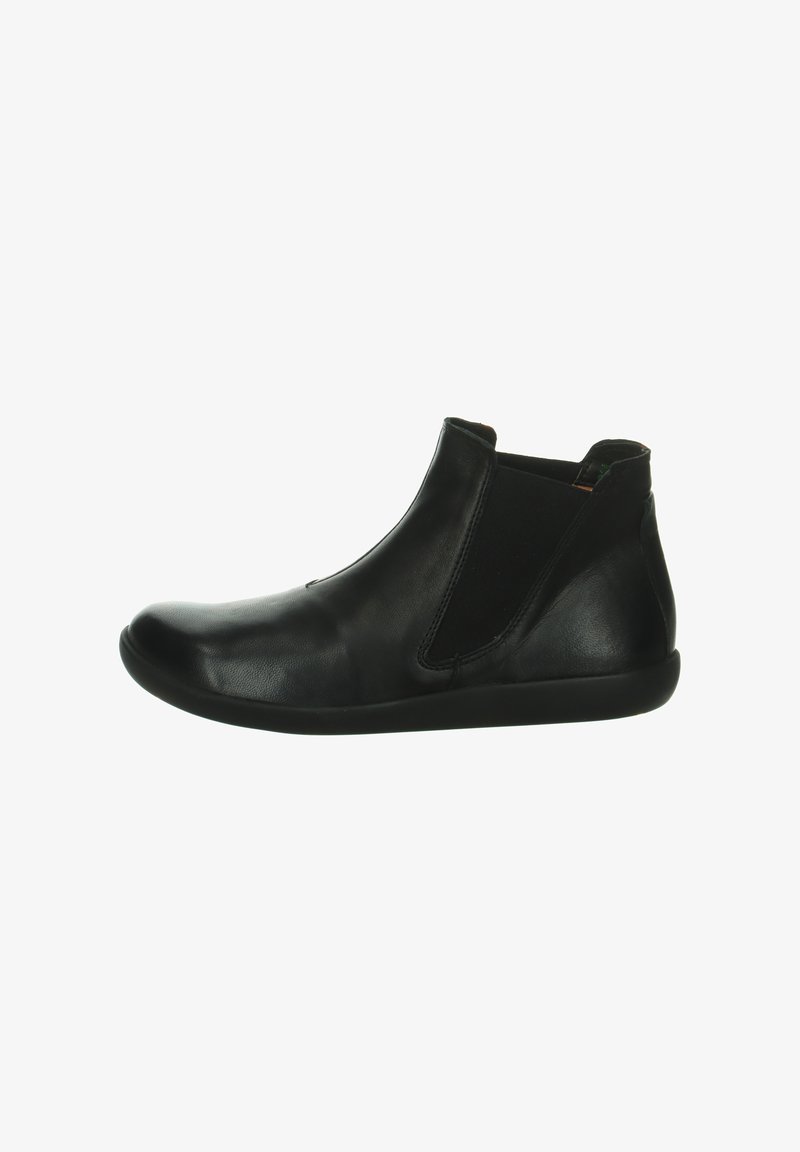 Black ankle boots made from leather with elastic side panels and rounded toe, featuring a smooth surface and flat rubber sole.