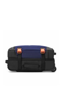 Borsa duffel blu e nera con hardware arancione, dotata di scomparto con zip, tessuto testurizzato e maniglia laterale per un facile trasporto.