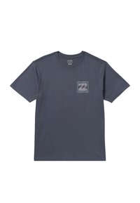 Navy blue cotton t-shirt with short sleeves, featuring a small graphic logo in a square design on the left chest area.