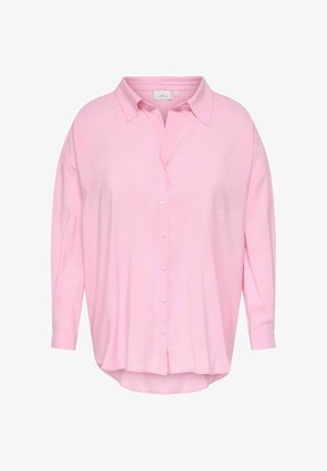 Różowa koszula zapinana na guziki wykonana z lekkiego materiału. Posiada kołnierzyk, długie rękawy oraz zaokrąglony dół. Gładka faktura i luźny krój.