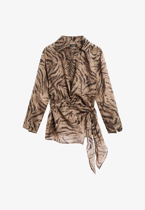 Long-sleeved, collared wrap blouse in beige with a brown tiger stripe pattern; features a tied waist and soft, sheer texture.
