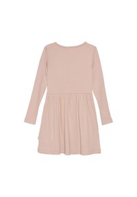 Langärmliges Kleid aus hellrosa Rippstoff, mit einem figurbetonten Oberteil und einem ausgestellten Rock mit raffinierten Details an der Taille.