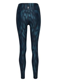 Højtaljede, fuldlængde leggings med blå og sort mønster og lille hvid chevron-logo på bagenden af taljebåndet.