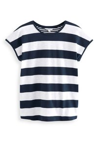Camiseta de manga corta a rayas azul marino y blanca con cuello redondo, hecha de un tejido suave, que presenta amplias rayas horizontales.
