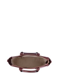 Mørkerød læder skuldertaske med lynlås i guld-tone, åbnet visning der viser beige indvendig foring, to top-håndtag og struktureret form.