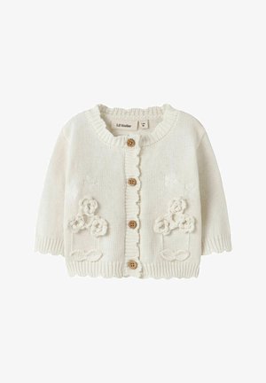Bijeli pleteni dječji kardigan s drvenim gumbima i 3D cvjetnim vezom sprijeda, rebrasti rubovi, veličina 1-2 mjeseca.