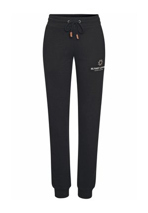 Schwarze Jogginghosen mit Kordelzug am Bund, gesäumten Knöcheln und dem Schriftzug "Sunset Lovers" mit Sonnenmotiv auf dem oberen linken Oberschenkel.