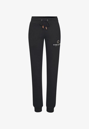 Schwarze Jogginghosen mit Kordelzug am Bund, gesäumten Knöcheln und dem Schriftzug "Sunset Lovers" mit Sonnenmotiv auf dem oberen linken Oberschenkel.