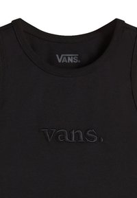 Black cotton tank top with a crew neckline, featuring an embroidered "vans." logo in the center. Smooth texture and fitted design.