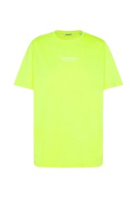 Neon yellow cotton t-shirt with short sleeves and crew neck. Features "Vivid Fusion Senses The Label" printed in white on the front.