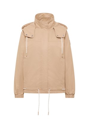 Veste beige à capuche avec col montant, poches avant, poignets élastiques et cordons ajustables à la base et à la capuche.