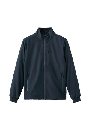 Marineblauwe jas met een hoge kraag, voorrits en twee zijritszakken. Gemaakt van soepele, lichtgewicht stof. Elastische manchetten.