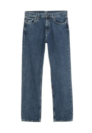 Jeans dritti blu scuro in denim, dotati di cinque tasche, cuciture a contrasto e chiusura con zip e bottone.