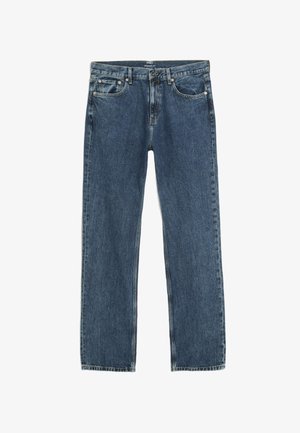 Donkerblauwe rechte jeans gemaakt van denim, met vijf zakken, contrasterende stiksels en een rits met een knoopsluiting.
