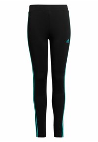 Leggings negros con un diseño ajustado, con franjas laterales turquesas y un logo de adidas en la parte inferior de la pierna. Están hechos de un material elástico.