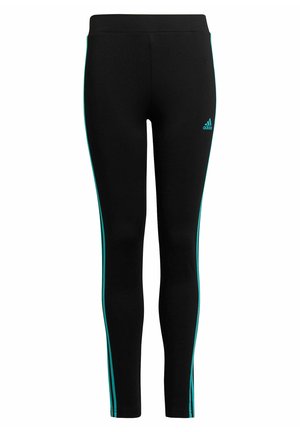 Leggings negros con un diseño ajustado, con franjas laterales turquesas y un logo de adidas en la parte inferior de la pierna. Están hechos de un material elástico.