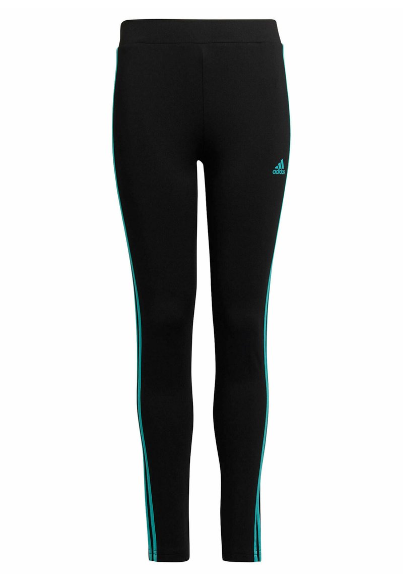 Leggings negros con un diseño ajustado, con franjas laterales turquesas y un logo de adidas en la parte inferior de la pierna. Están hechos de un material elástico.