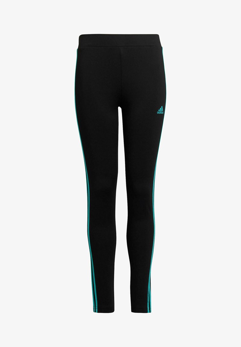 Leggings negros con un diseño ajustado, con franjas laterales turquesas y un logo de adidas en la parte inferior de la pierna. Están hechos de un material elástico.