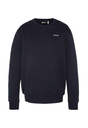Sweat-shirt bleu marine en tissu mélangé coton, avec un col rond, des manches longues, des poignets côtelés et un petit logo rouge sur la poitrine.