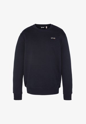 Felpa blu navy realizzata in tessuto misto cotone, con collo rotondo, maniche lunghe, polsini a coste e un piccolo logo rosso sul petto.