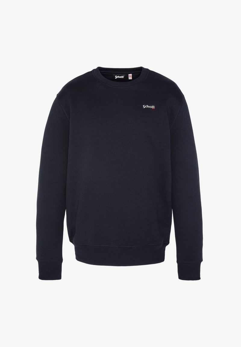 Sweat-shirt bleu marine en tissu mélangé coton, avec un col rond, des manches longues, des poignets côtelés et un petit logo rouge sur la poitrine.