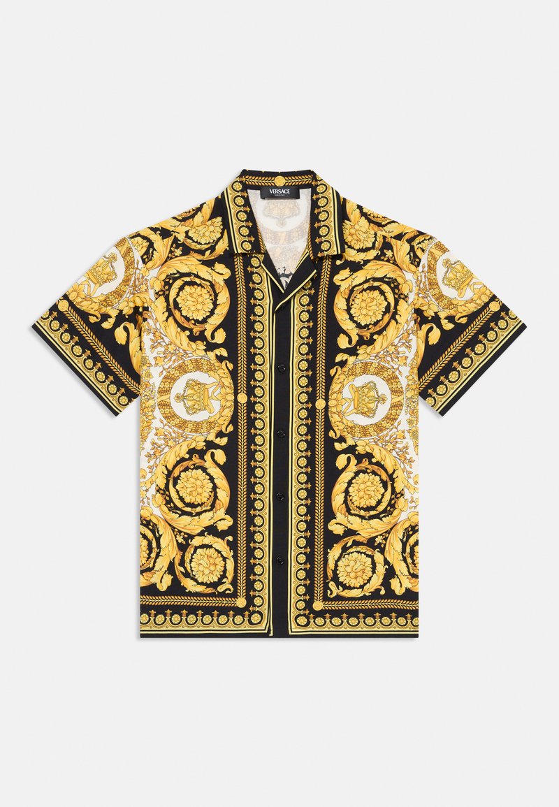 Short-sleeve shirt featuring a bold black and gold baroque pattern, button-down front, and collar. Made of lightweight fabric.
